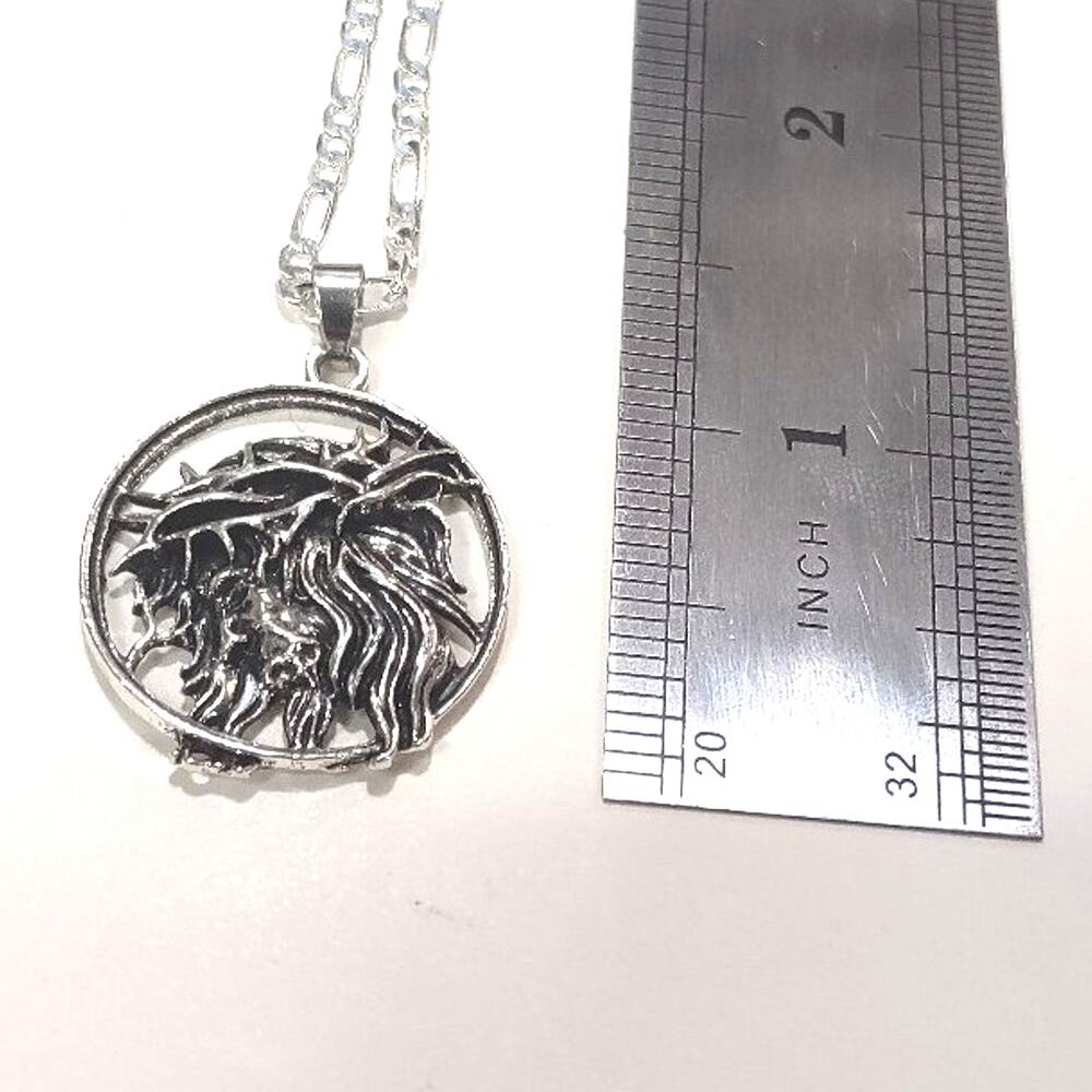 925 Silver Necklace Figaro Jesus Crown of Thorns Christian Catholic Pendant Gift